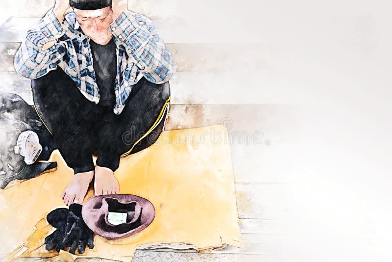 Abstract senior homeless man wish money at walking street on watercolor illustration painting background.