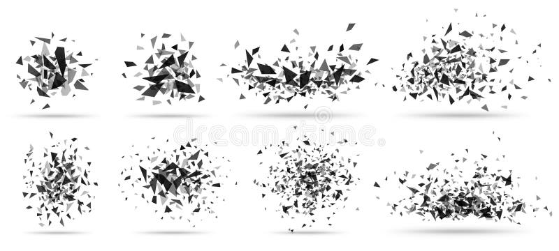 Abstract shatter burst. Geometric texture, dark triangles bursts and broken shattered debris vector set vector illustration