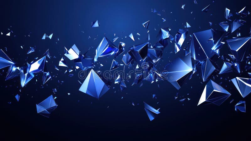 Abstract shattered blue geometric shapes explosion on dark background stock illustration