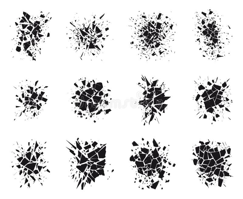 Abstract shattered element set. Geometric explosion destruction broken particles. Shatter dust burst triangle effect vector illustration