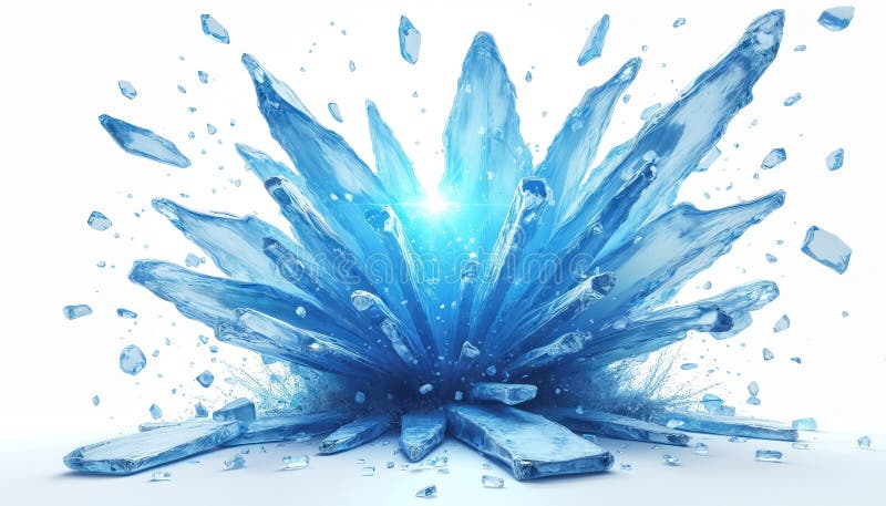 Abstract shattered ice explosion with glitch effect. Frozen blue shards, splinters burst. Broken glass texture overlay, winter stock illustration