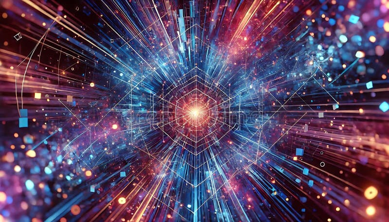 Abstract shattered neon light rays forming radiant geometric patterns in vibrant blues and purples created using generative AI for vector illustration