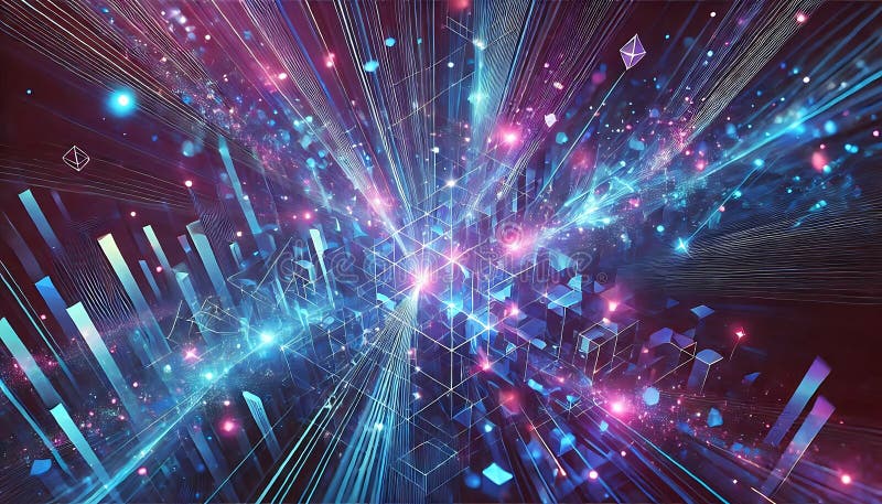 Abstract shattered neon light rays forming radiant geometric patterns in vibrant blues and purples created using generative AI for royalty free illustration