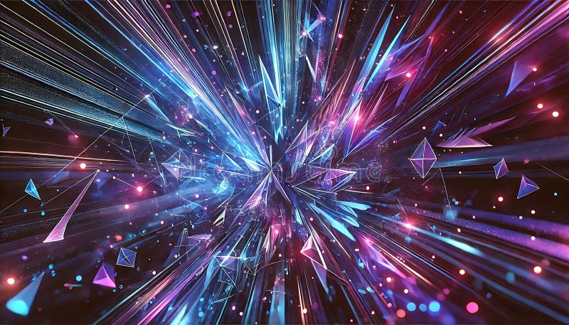 Abstract shattered neon light rays forming radiant geometric patterns in vibrant blues and purples created using generative AI for royalty free illustration