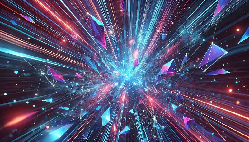Abstract shattered neon light rays forming radiant geometric patterns in vibrant blues and purples created using generative AI for vector illustration