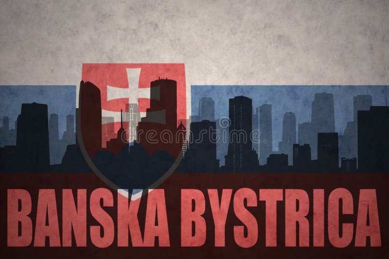 Abstract silhouette of the city with text Banska Bystrica at the vintage slovakia flag