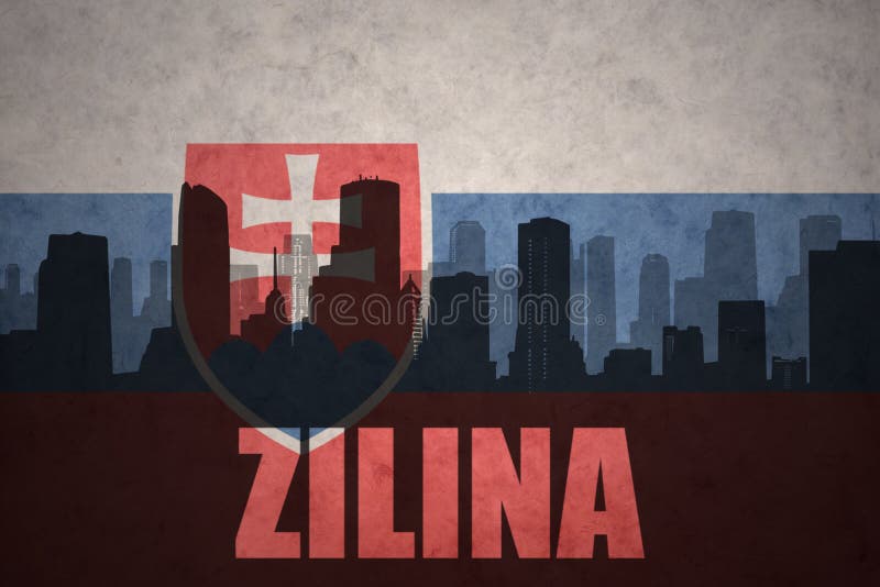 Abstract silhouette of the city with text Zilina at the vintage slovakia flag
