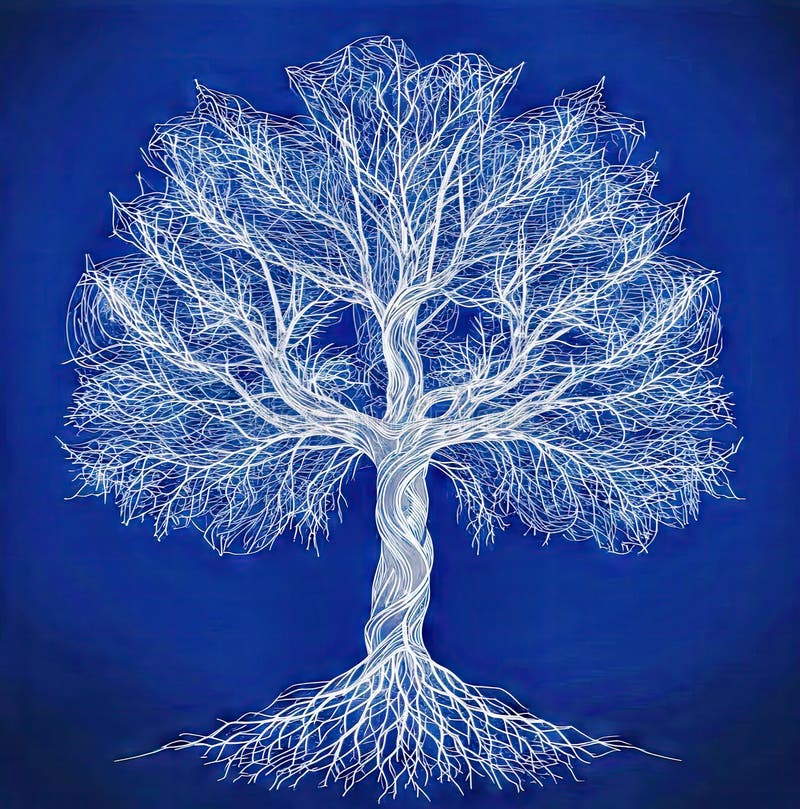 Abstract Silhouette of the Tree of Life on Blue in Silver, The Inner Light of Nature vector illustration