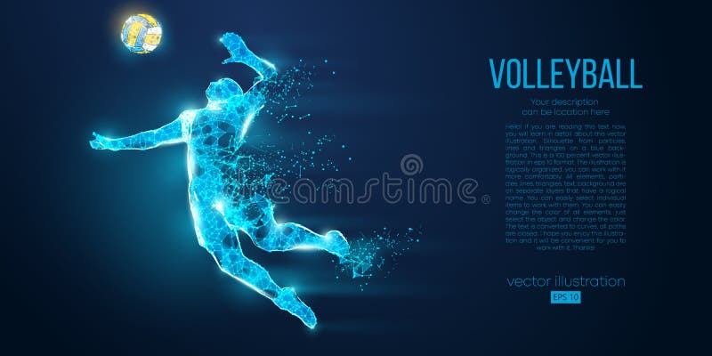 Abstract silhouette of volleyball player man, male with volleyball ball. Low poly neon wire outline geometric. Vector royalty free illustration