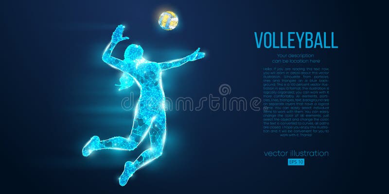 Abstract silhouette of volleyball player woman, girl, female with volleyball ball. Low poly neon wire outline. Vector stock illustration