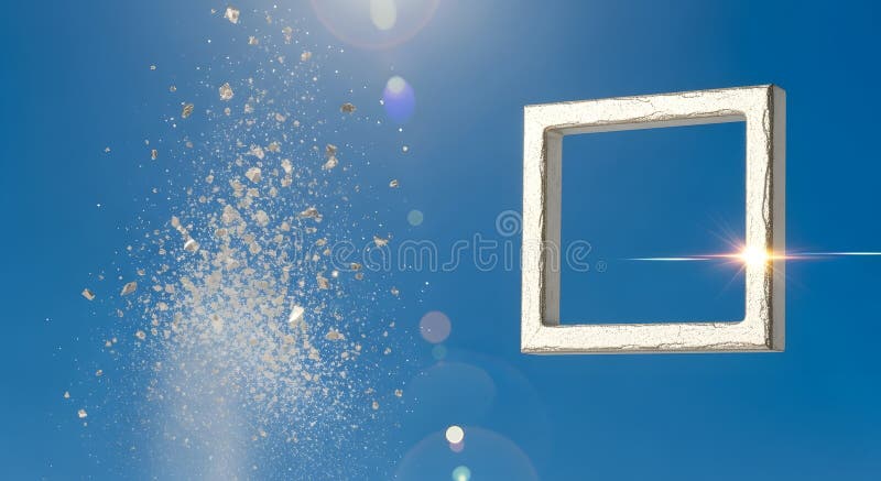 Surreal sky scene with a concrete square frame and a cloud of debris against a vibrant blue backdrop, creating a dreamlike atmosph royalty free illustration