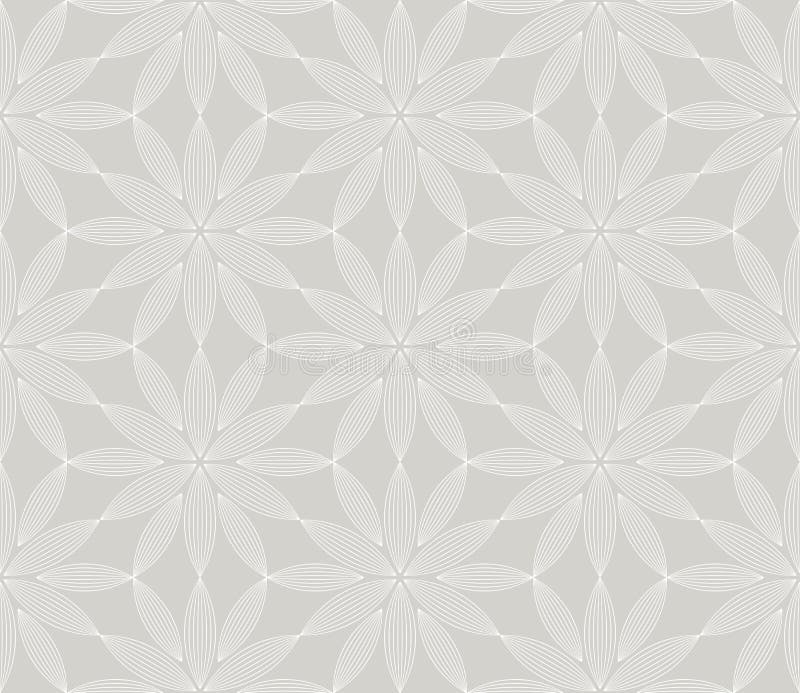 Abstract simple geometric vector seamless pattern with white line floral texture on grey background. Light gray modern