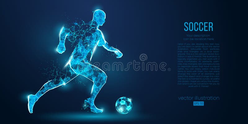 Abstract soccer player, footballer from particles on blue background. Low poly neon wireframe outline football player vector illustration