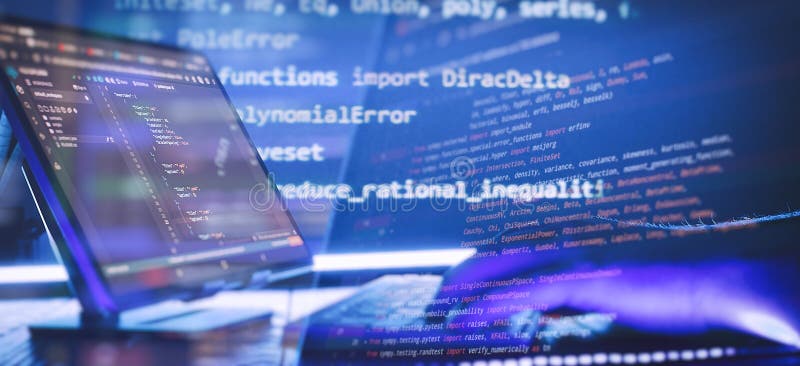 Abstract software development concept with code and laptop on blurred background representing programming, coding and royalty free stock images