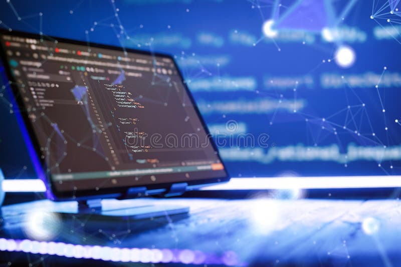 Abstract software development concept with code and laptop on blurred background representing programming, coding and royalty free stock photos