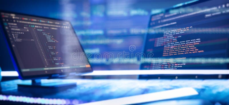Abstract software development concept with code and laptop on blurred background representing programming, coding and royalty free stock photography