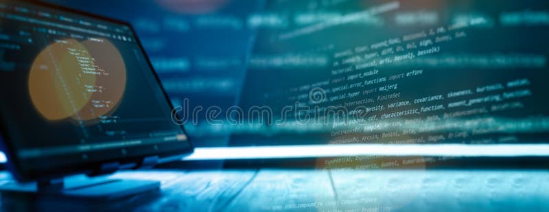 Abstract software development concept with code and laptop on blurred background representing programming, coding and royalty free stock image