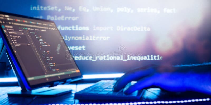 Abstract software development concept with code and laptop on blurred background representing programming, coding and royalty free stock images