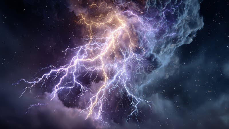 Abstract space background displaying a forceful central energy blast that creates luminous magenta and blue lightning. Plasma blast stock images, royalty-free photos and pictures