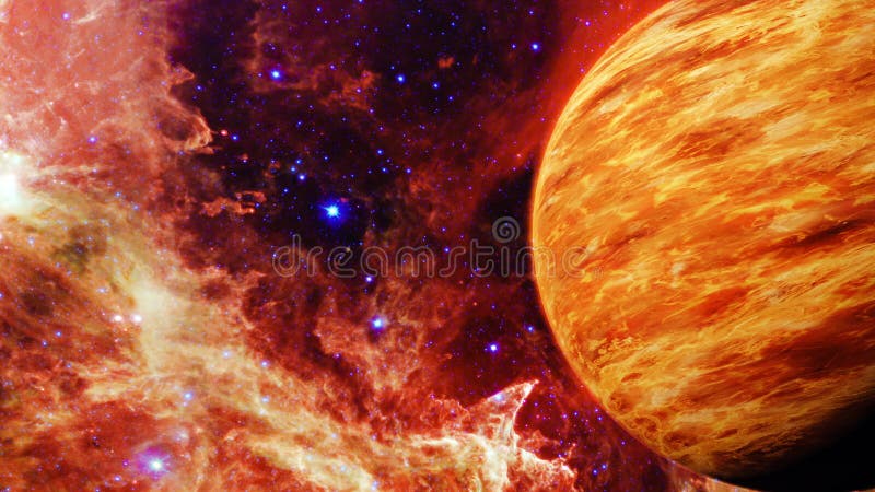 Abstract space exploration fly by the orange yellow plasma storm planet in outer space eternal galaxy. 4K 3D rendering fantasy. stock illustration