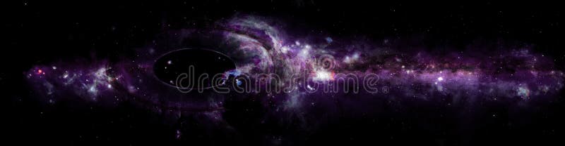 Abstract space panoramic wallpaper. Black hole with nebula over colorful stars and cloud fields in outer space. Elements of this image furnished by NASA