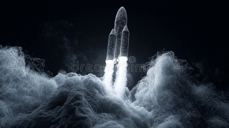 Abstract Space Rocket Launch Digital Art Wireframe Design Futuristic Technology Innovation Graphic. Futuristic rocket launch abstract digital art wireframe design. Perfect for technology and