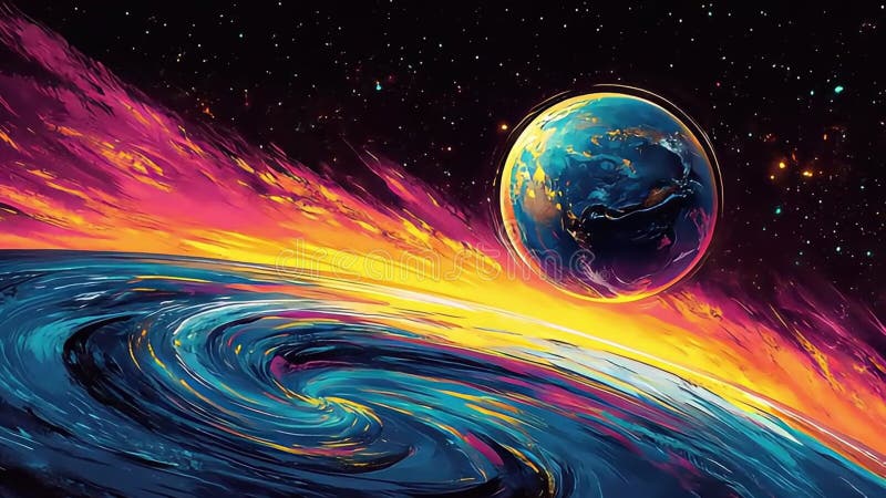 Abstract Space Scene with Earth and Swirling Galaxy, Cosmic Art, Bright Colors, and Starry Sky stock illustration