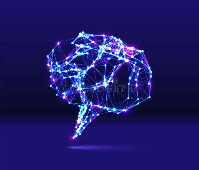 Abstract speech bubble neon icon with shiny 80s synthwave styled lines on blue background stock illustration Abstract speech bubble neon icon with shiny 80s synthwave styled lines on blue background stock illustration