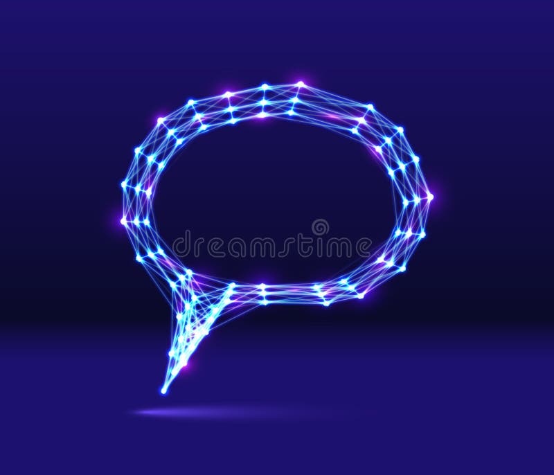Abstract speech bubble neon icon with shiny 80s synthwave styled lines on blue background stock illustration Abstract speech bubble neon icon with shiny 80s synthwave styled lines on blue background stock illustration