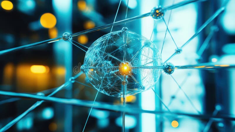 Abstract sphere with intricate wire ball, digital art, 3d graphics, geometric shapes, and modern design stock illustration