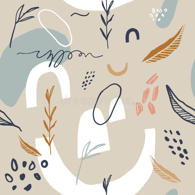 Abstract Spring or Summer Seamless Pattern with Abstract Shapes and Leaves  in Light Pastel Beige and White Color Background. Stock Illustration -  Illustration of palette, banner: 151957856