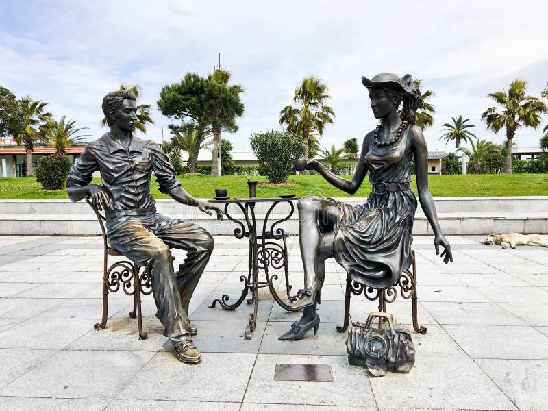 Abstract statues architectural of people drinking tea on Batumi seaside boulevard or Batumi Beach. Georgia, Batumi, April 17, 2019 royalty free stock images Abstract statues architectural of people drinking tea on Batumi seaside boulevard or Batumi Beach. Georgia, Batumi, April 17, 2019 royalty free stock images