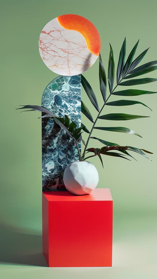 Viață abstractă cu forme geometrice de frunze de palmier și textură de marmură stock illustration