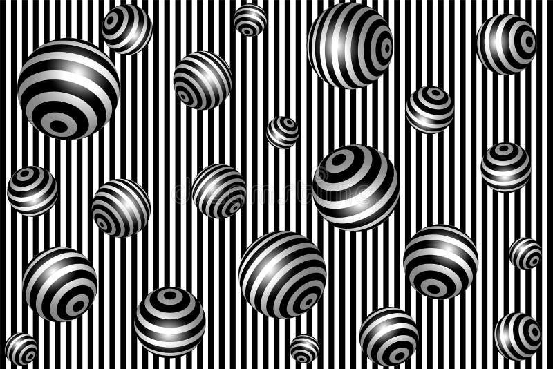 Abstract Striped Spheres Background. Black and White Vector