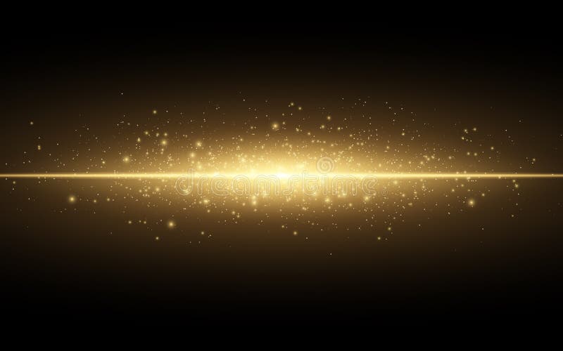 Abstract stylish light effect on a black background. Gold glowing neon line. Golden luminous dust and glares. Flash Light. luminou