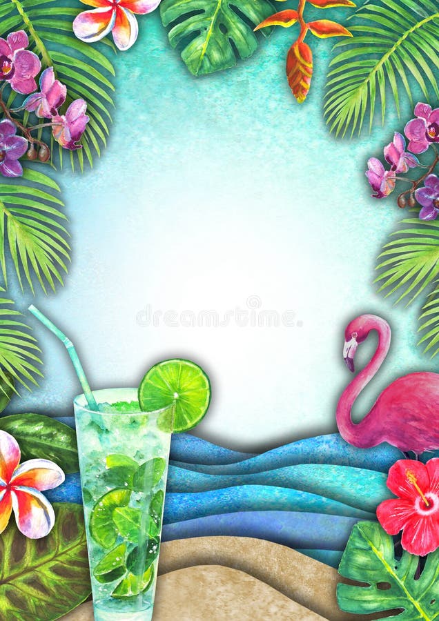 Abstract summer watercolor sea wave, sand beach, tropical plants, mojito, flamingo background