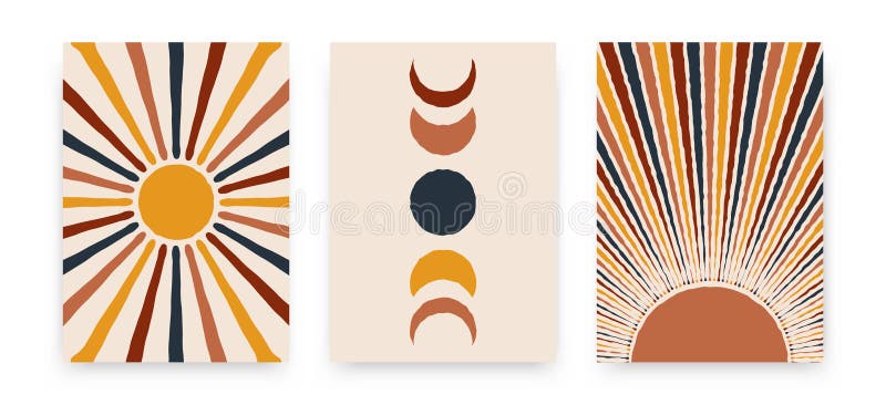 Abstract sun moon posters. Contemporary backgrounds, set of covers modern boho style. Mid century wall decor, vector art print vector illustration