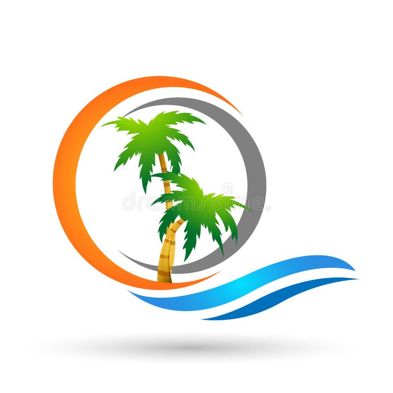 Abstract sun and sea waves coconut tree palm tree tropical beach logo element icon design vector on white background royalty free illustration Abstract sun and sea waves coconut tree palm tree tropical beach logo element icon design vector on white background royalty free illustration