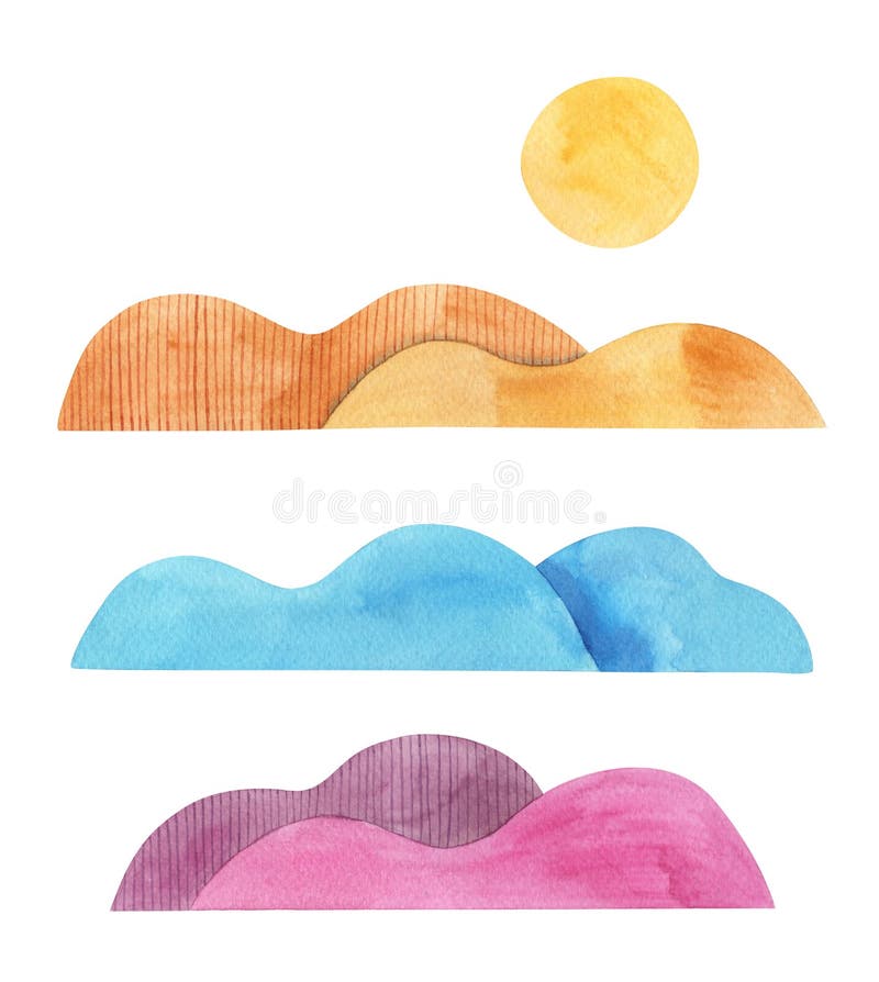 Abstract sunrise in colorful mountains. Set of watercolor landscapes isolated.