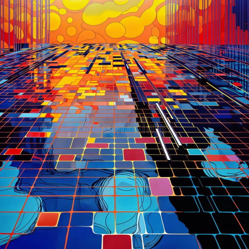 Abstract Sunset Grid: Colorful Patterns and Evening Sky, generative ai vector illustration