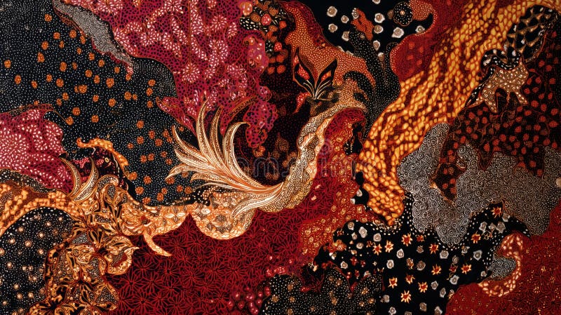 A richly detailed and dynamic abstract artwork or textile pattern featuring swirling bands of colour, dark red, black, and rich gold, characterized by intricate dot work and stylized organic motifs, suggesting a modern or traditional batik technique. Dynamic colour stock images, royalty-free photos and pictures