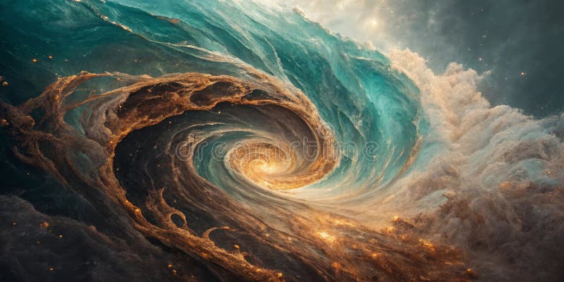 Abstract swirling ocean wave with golden particles and teal water. Generative AI stock illustration