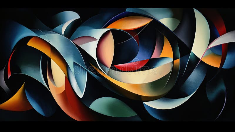 Abstract swirling shapes in vibrant colors on a black background royalty free stock image