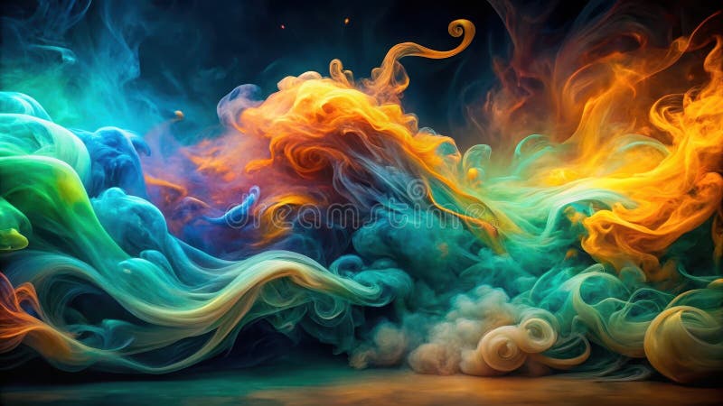 Abstract swirling vibrant colors of teal, orange, and yellow creating a dynamic, mesmerizing smoke composition. Generative AI royalty free illustration