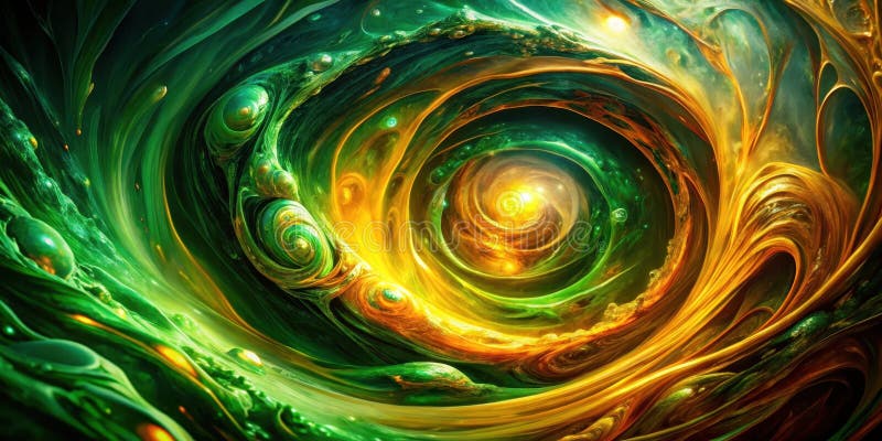 Abstract swirling vortex of luminous gold and emerald hues. Generative AI vector illustration