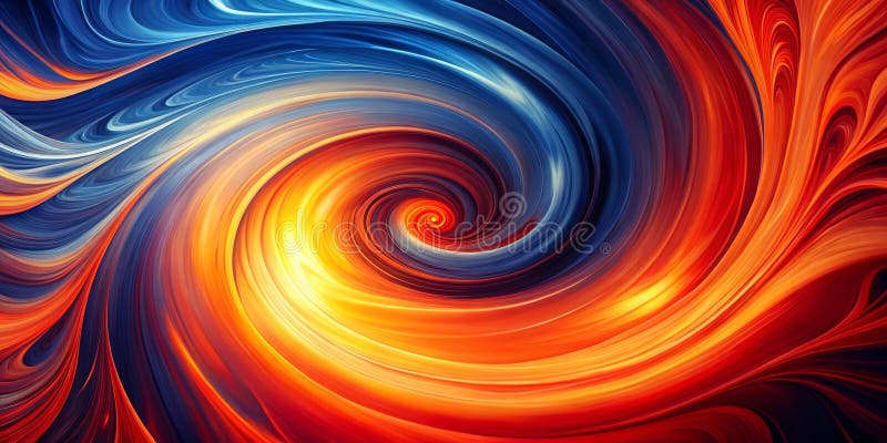 Abstract swirling vortex of vibrant colors fiery orange, deep blue, and luminous yellow hues create a dynamic, mesmerizing visual stock illustration