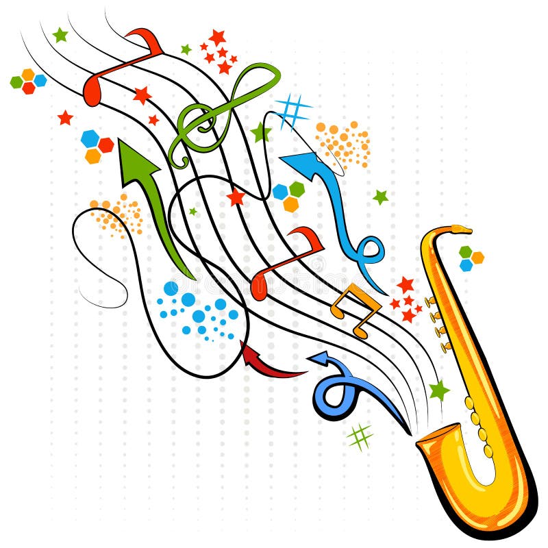 Abstract swirly musical background with Saxophone music instrument stock illustration Abstract swirly musical background with Saxophone music instrument stock illustration