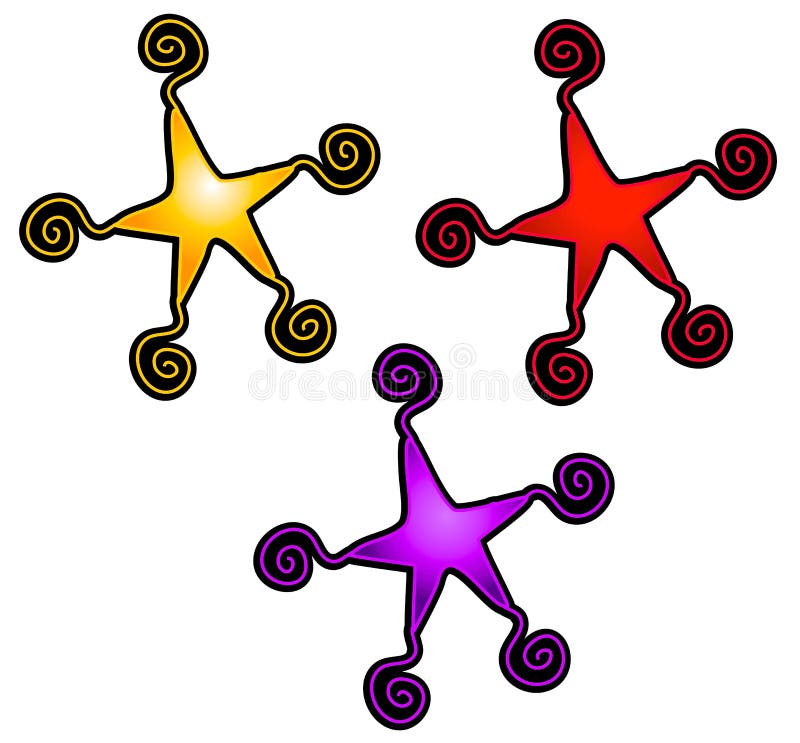 Abstract Swirly Stars Clip Art. A clip art illustration collection of 3 colorful little stars with swirling designs in red purple and gold yellow. Ideal as icons vector illustration