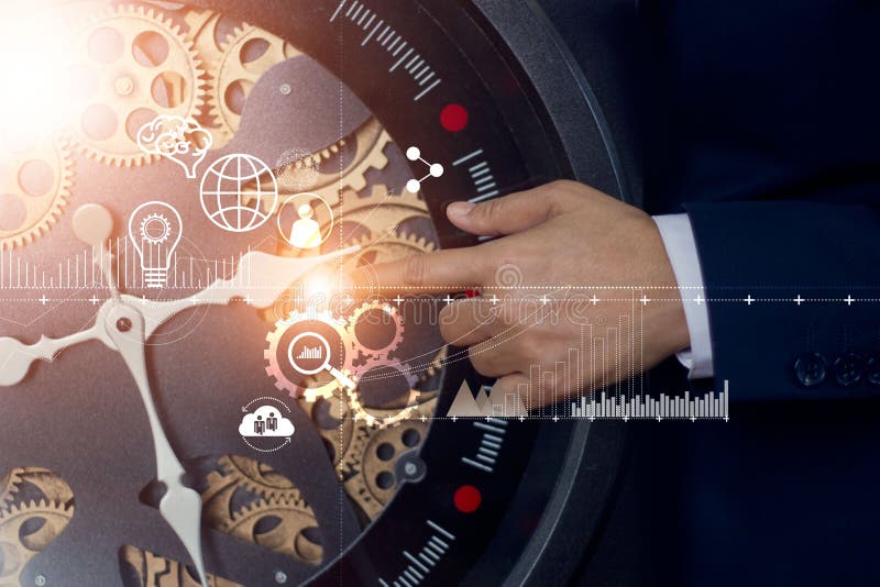 Abstract symbolic, Businessman touching cog watch of innovation and technologies in futuristic. Time on creativity and development of modern business. Symbolic stock images, royalty-free photos and pictures
