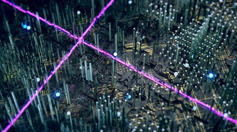 Abstract tachology dark plain with glass toers and purple shining glowing power lines crossing. 3d rendering.